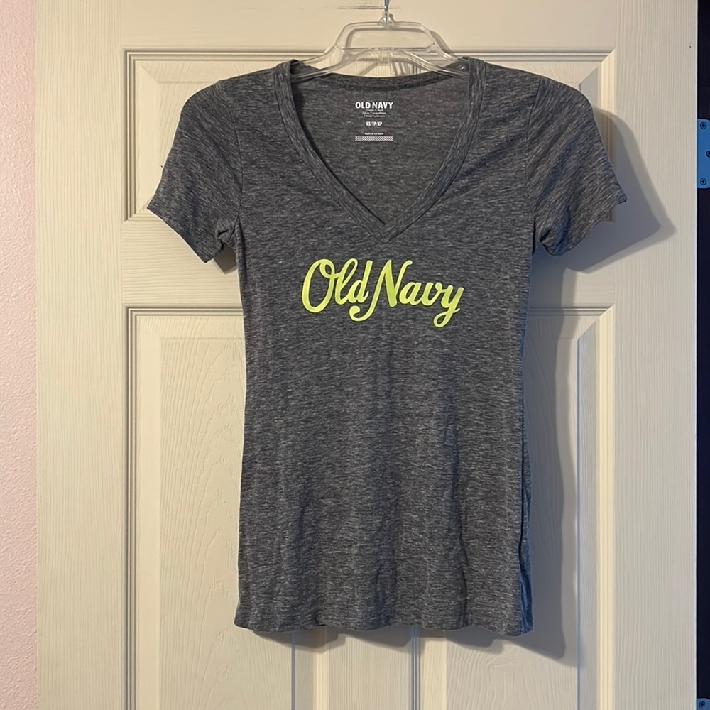 Old Navy Vintage V-neck Tee Heather Grey & Neon Yellow XS